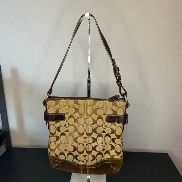 Coach 3577 Brown Leather Suede Signature Canvas Womens Shoulder Bag Y2K GUC - Picture 2 of 7